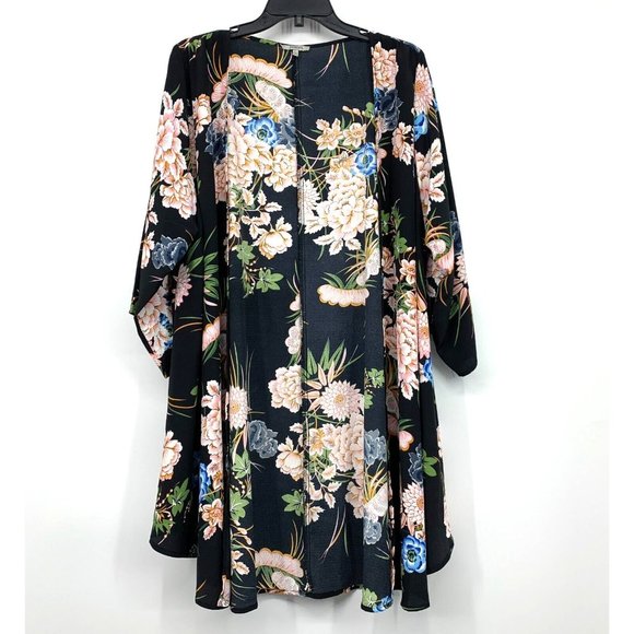 JODIFL Sweaters - Jodifl Kimono Black Floral Print Open Front Coverup